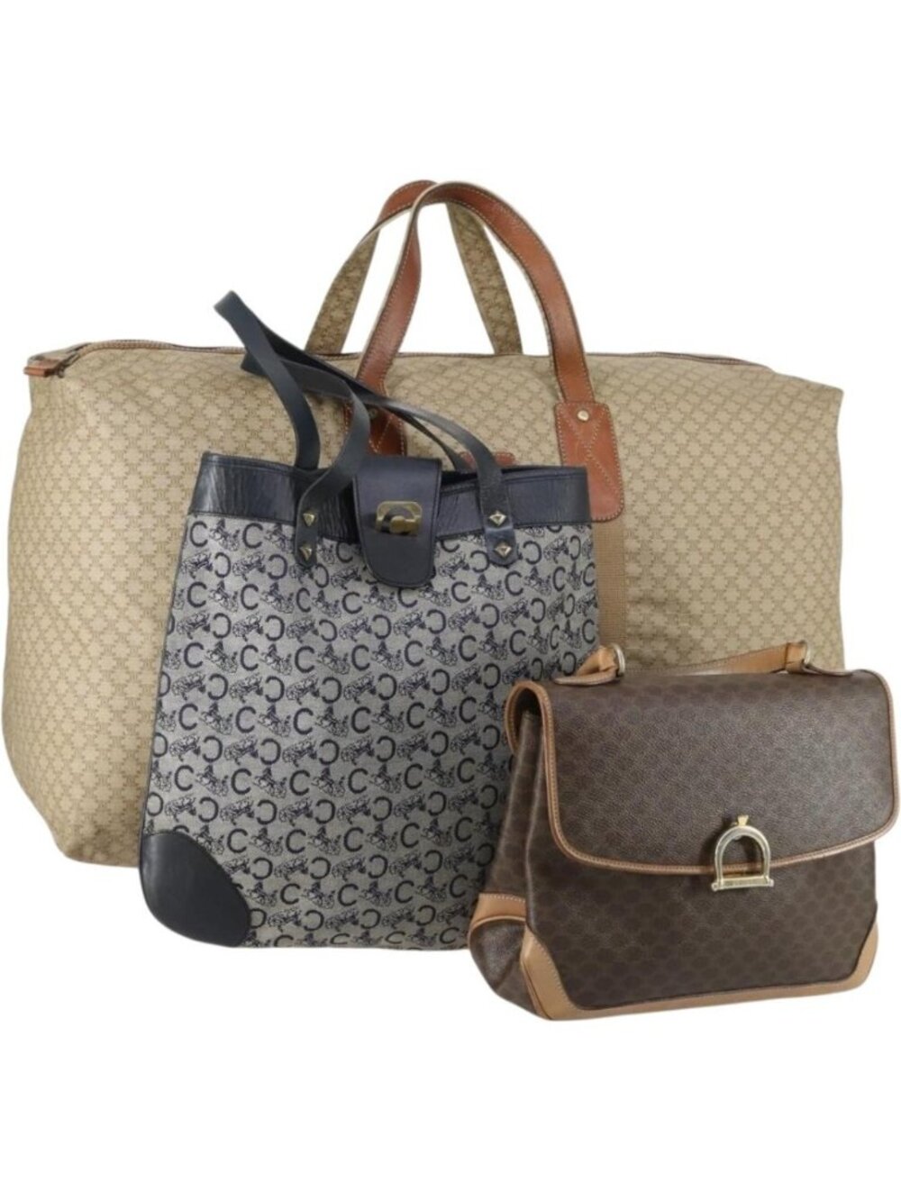 CELINE C Macadam Macadam Canvas Bag PVC Canvas 3 Set Brown Navy
